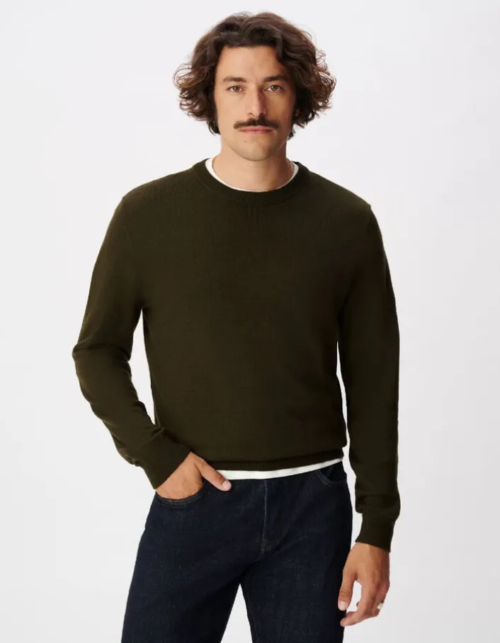 Pull col rond kaki tricot 100% laine Homme