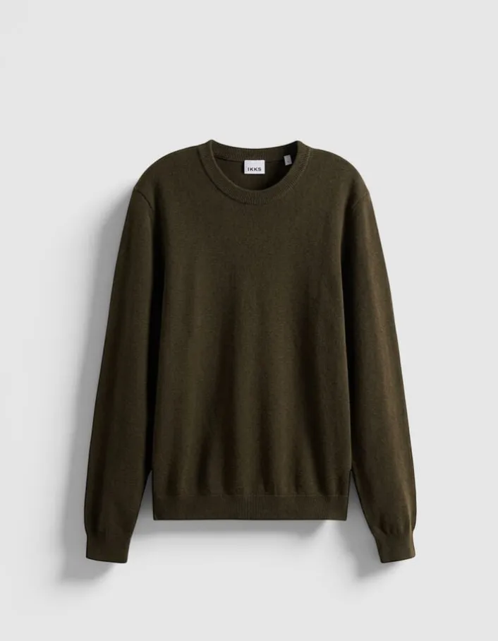 Pull col rond kaki tricot 100% laine Homme