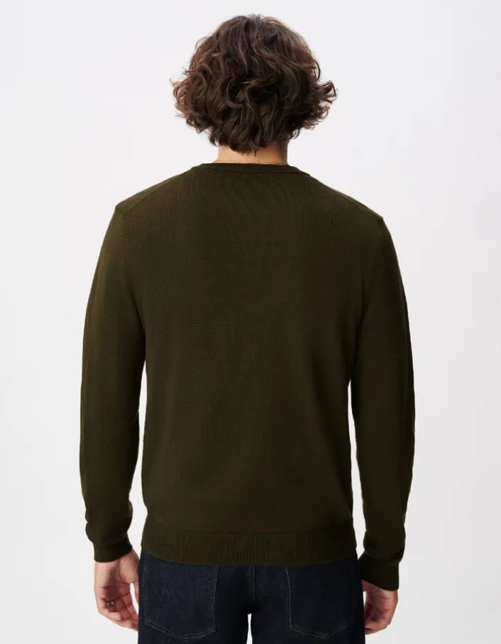 Pull col rond kaki tricot 100% laine Homme