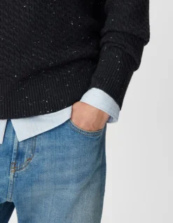 Pull col rond marine chiné tricot avec torsades Homme