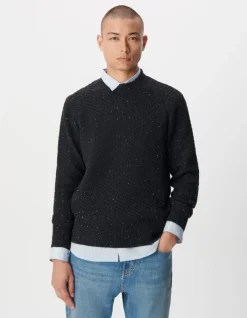Pull col rond marine chiné tricot avec torsades Homme