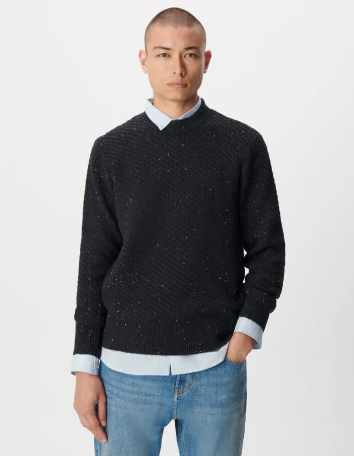 Pull col rond marine chiné tricot avec torsades Homme