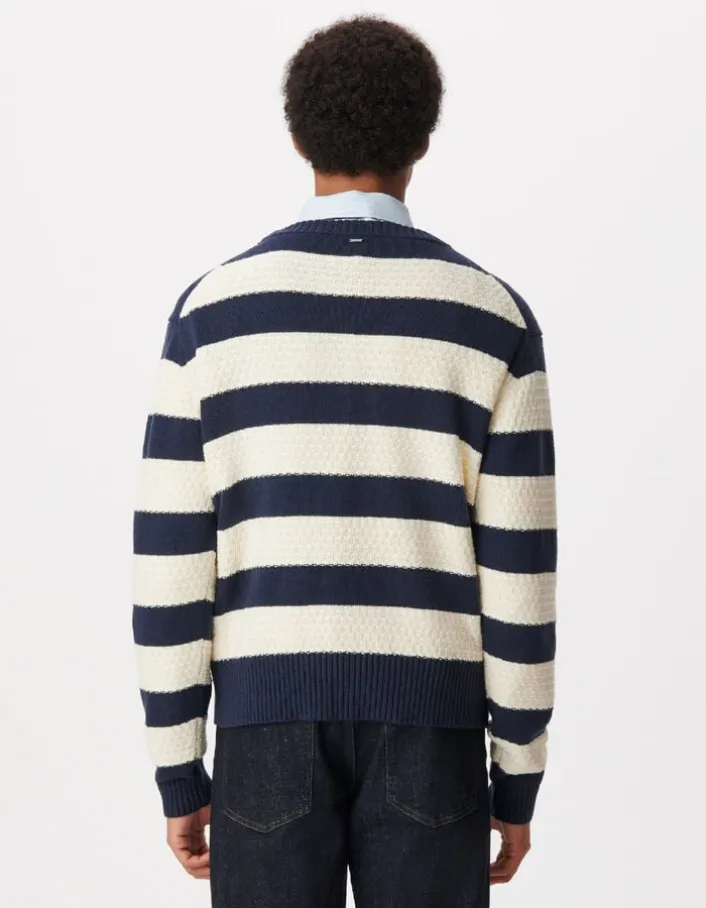 Pull col rond marine tricot motif rayures écrues Homme