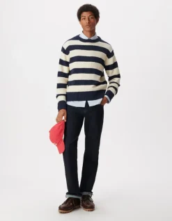 Pull col rond marine tricot motif rayures écrues Homme