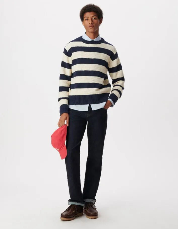 Pull col rond marine tricot motif rayures écrues Homme