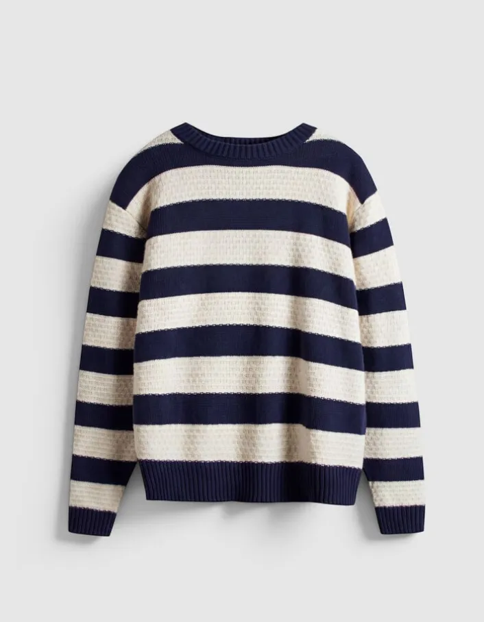 Pull col rond marine tricot motif rayures écrues Homme