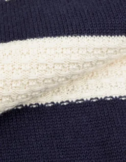 Pull col rond marine tricot motif rayures écrues Homme