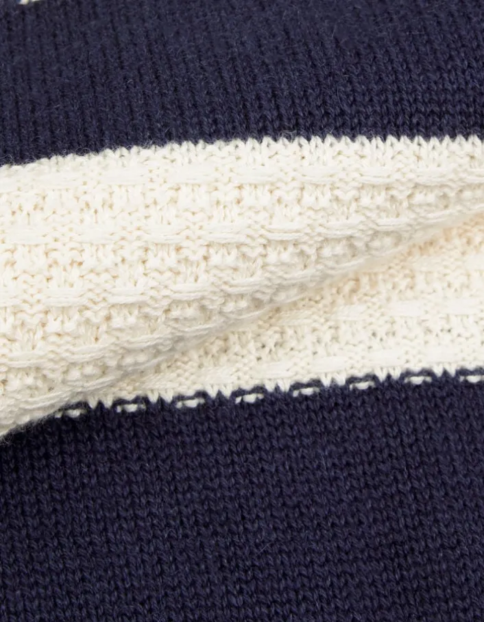 Pull col rond marine tricot motif rayures écrues Homme