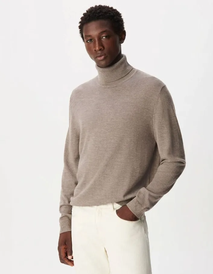 Pull col roulé beige tricot 100% laine Homme