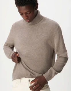 Pull col roulé beige tricot 100% laine Homme