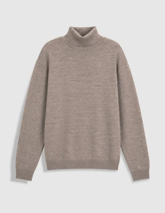 Pull col roulé beige tricot 100% laine Homme