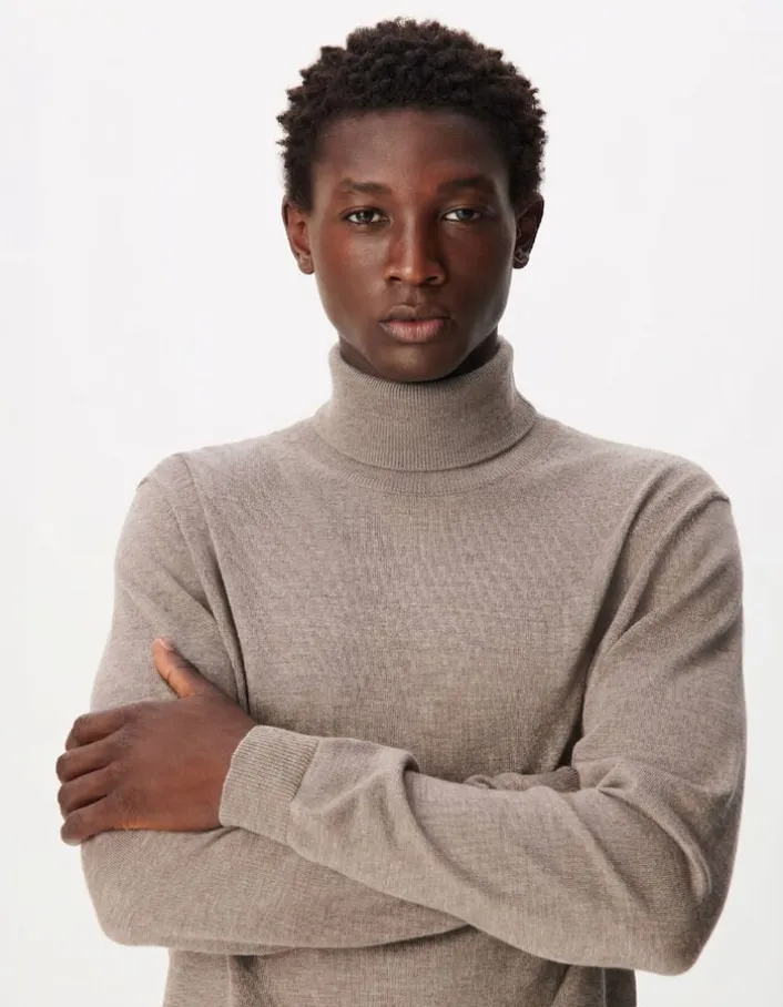 Pull col roulé beige tricot 100% laine Homme