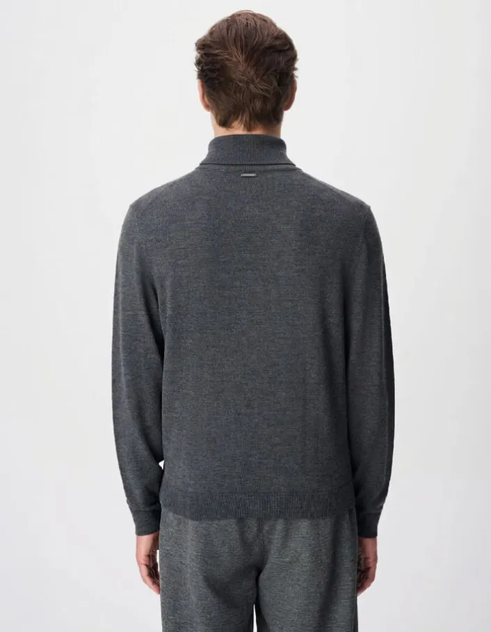 Pull col roulé gris tricot 100% laine Homme