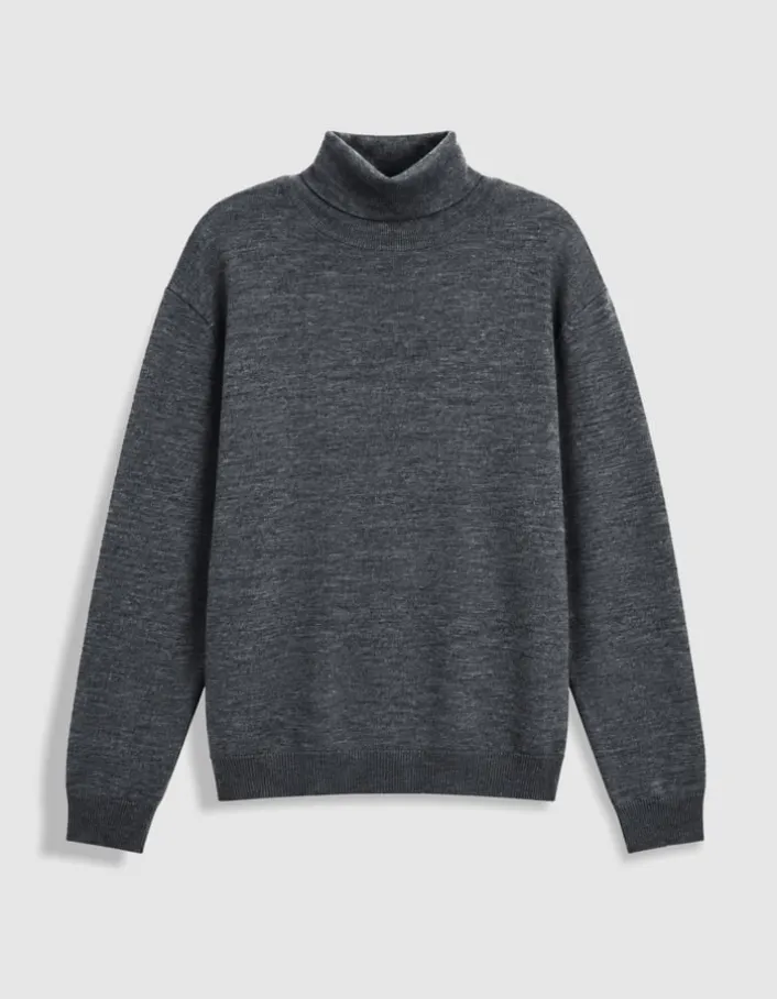 Pull col roulé gris tricot 100% laine Homme