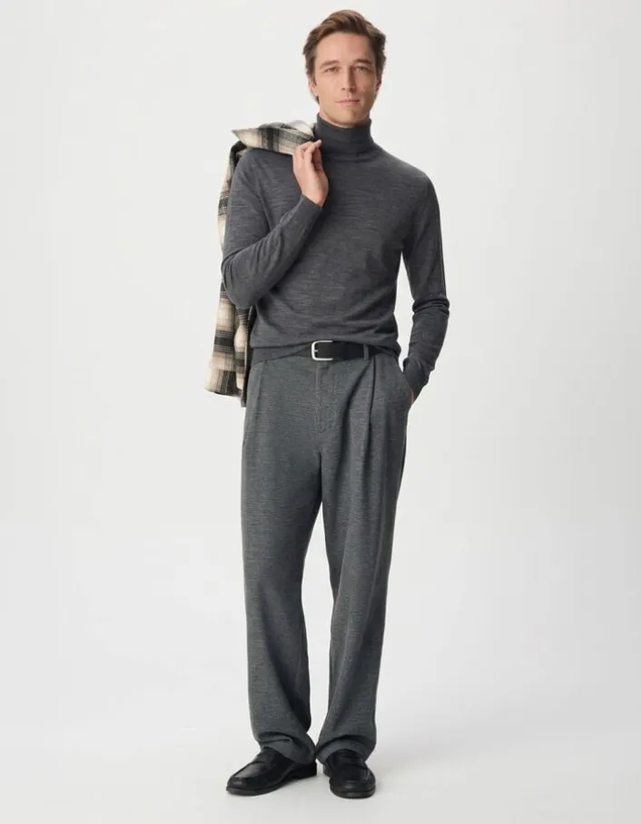 Pull col roulé gris tricot 100% laine Homme