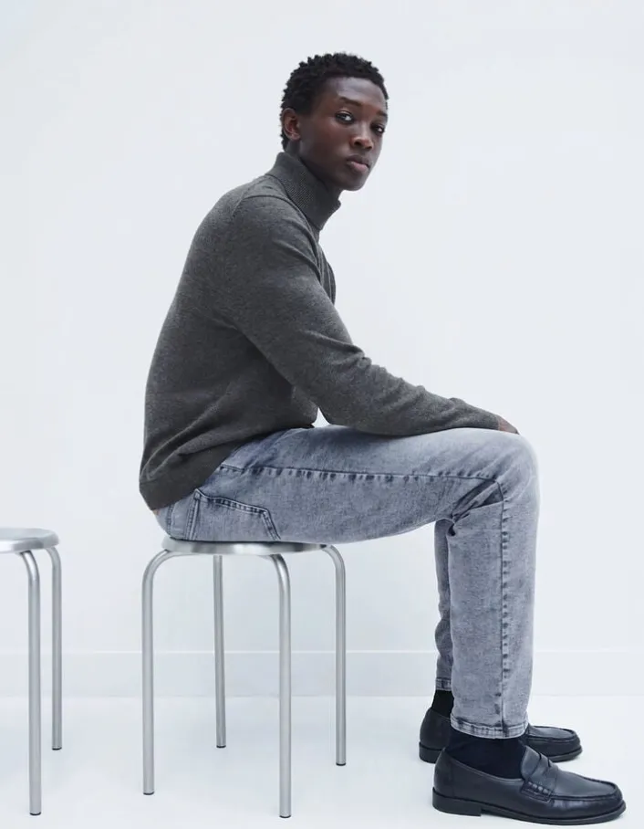 Pull col roulé gris tricot 100% laine Homme