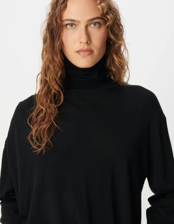 Pull col roulé noir tricot 100% laine Femme