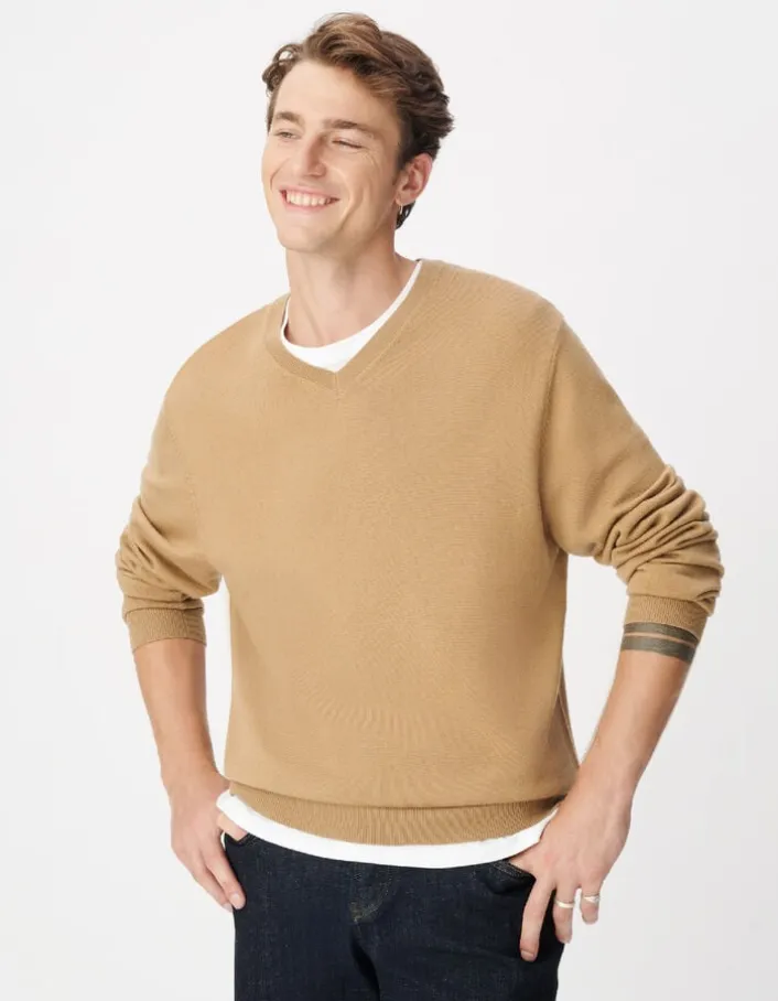 Pull col V beige tricot 100% laine Homme