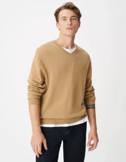 Pull col V beige tricot 100% laine Homme