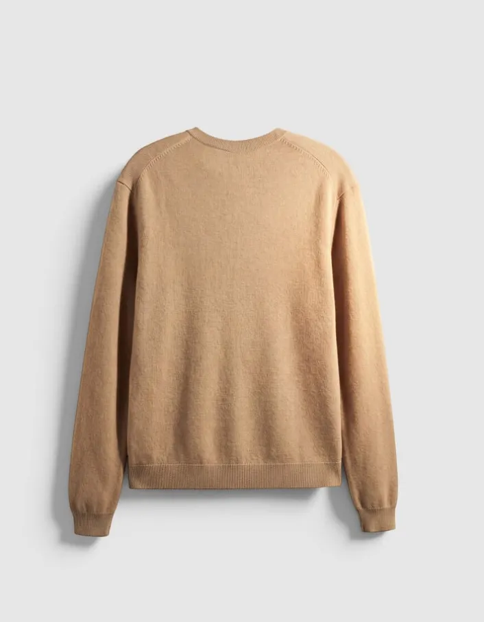 Pull col V beige tricot 100% laine Homme