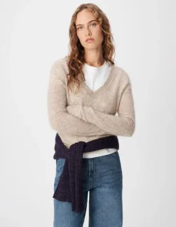 Pull col V beige tricot mohair mélangé Femme