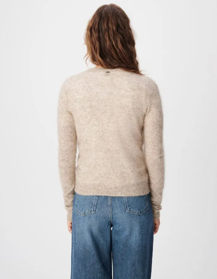 Pull col V beige tricot mohair mélangé Femme