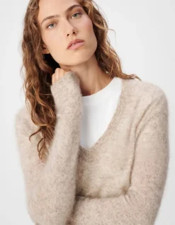 Pull col V beige tricot mohair mélangé Femme