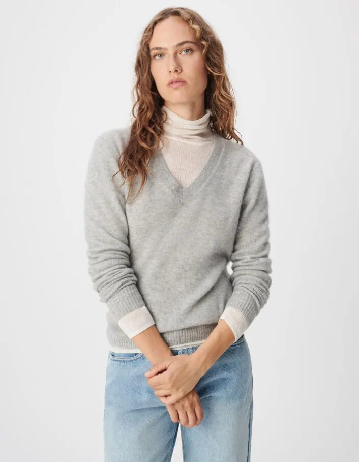Pull col V gris tricot 100% cachemire Femme