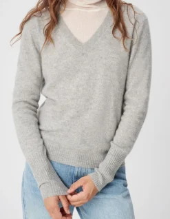 Pull col V gris tricot 100% cachemire Femme