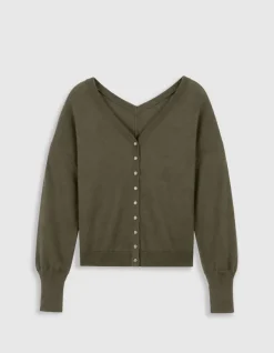 Pull col V kaki tricot 100% laine boutons strass dos Femme