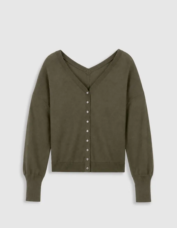 Pull col V kaki tricot 100% laine boutons strass dos Femme