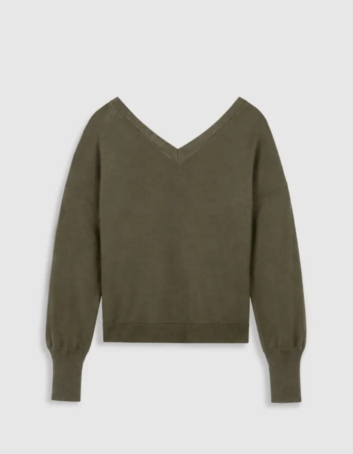 Pull col V kaki tricot 100% laine boutons strass dos Femme