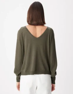 Pull col V kaki tricot 100% laine boutons strass dos Femme