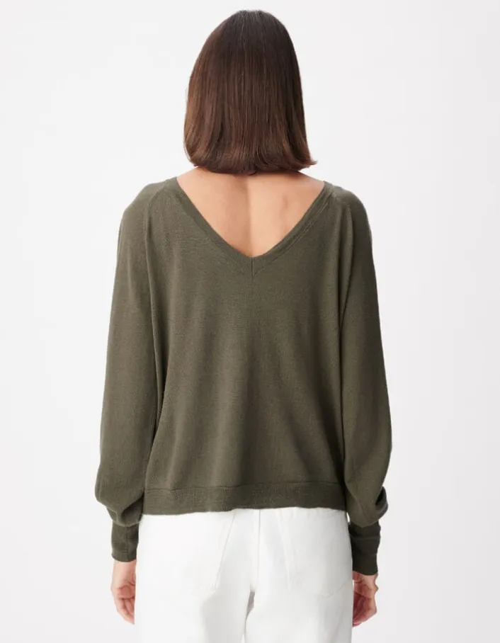 Pull col V kaki tricot 100% laine boutons strass dos Femme