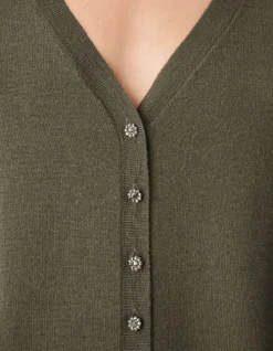 Pull col V kaki tricot 100% laine boutons strass dos Femme