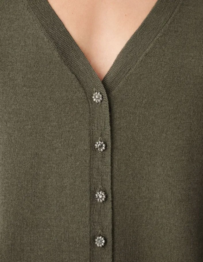 Pull col V kaki tricot 100% laine boutons strass dos Femme