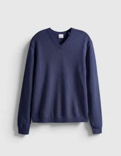 Pull col V marine tricot 100% laine Homme