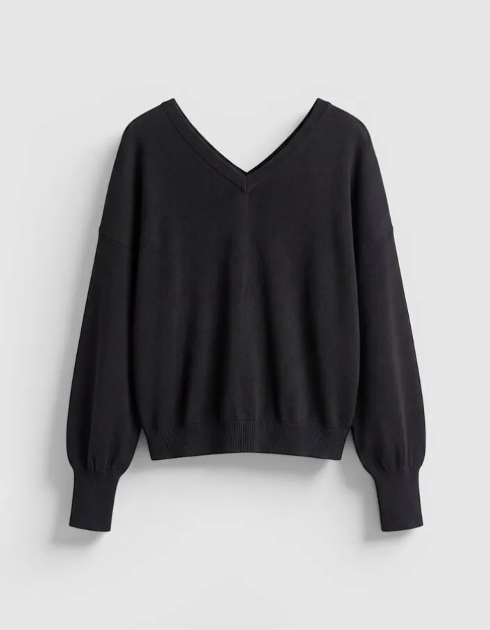 Pull col V noir tricot 100% laine boutons strass dos Femme