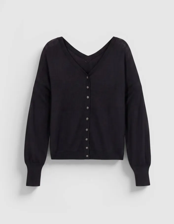 Pull col V noir tricot 100% laine boutons strass dos Femme