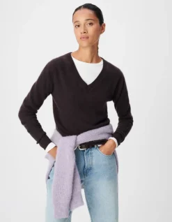 Pull col V prune tricot mohair mélangé Femme