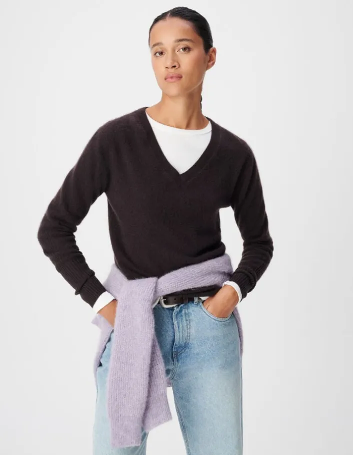 Pull col V prune tricot mohair mélangé Femme
