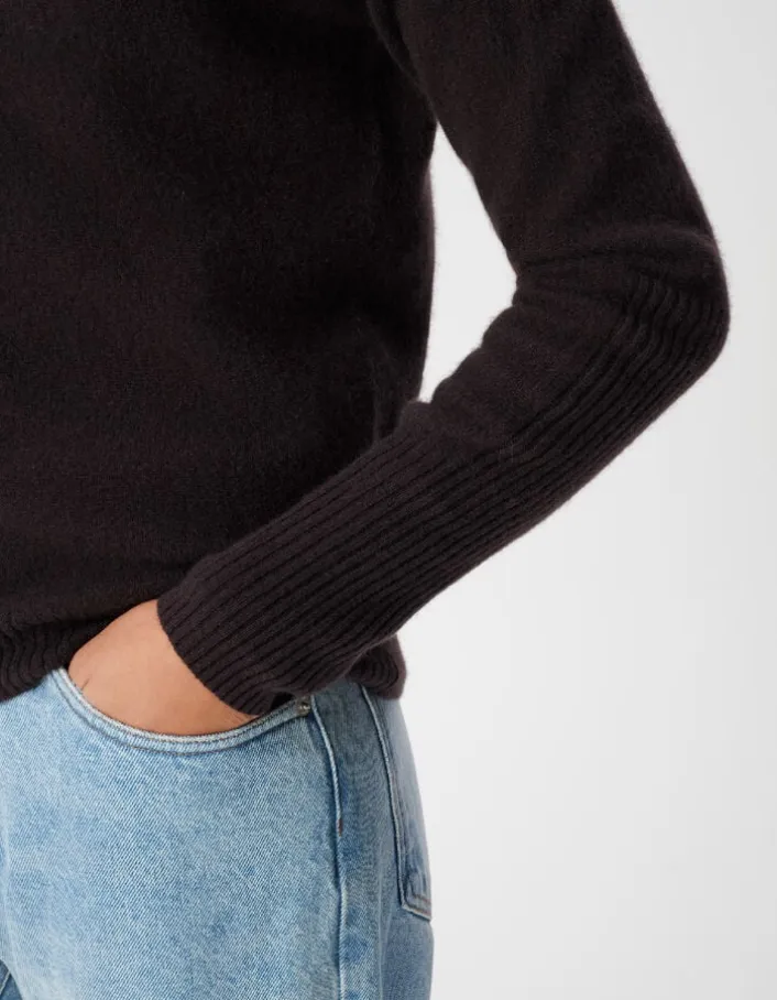 Pull col V prune tricot mohair mélangé Femme