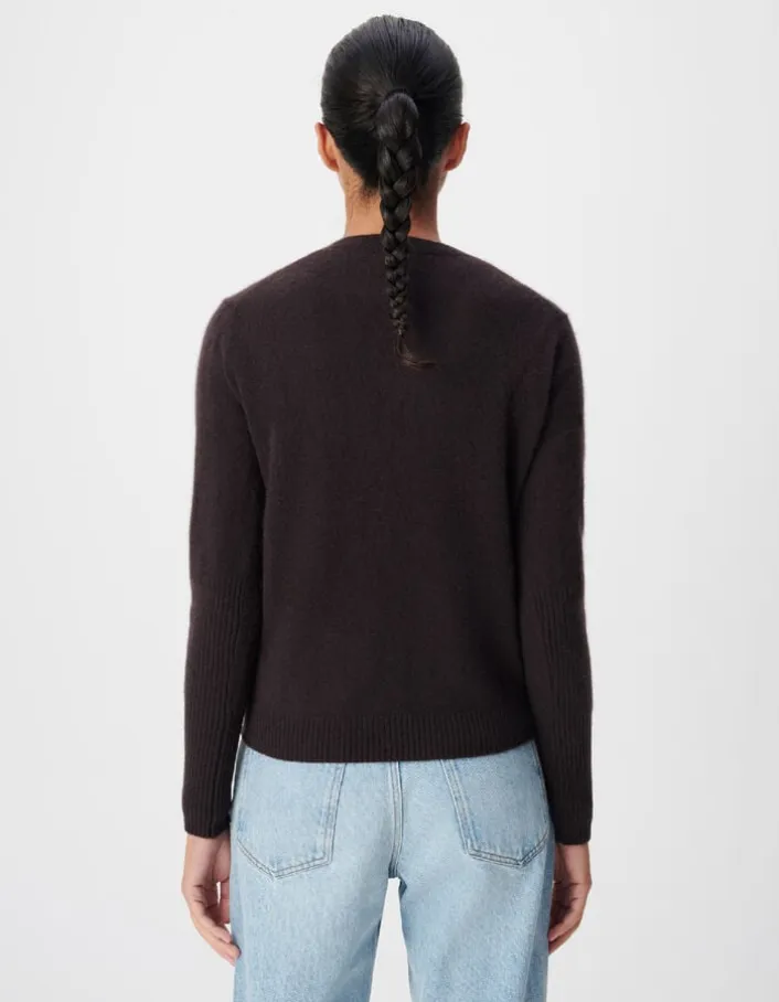 Pull col V prune tricot mohair mélangé Femme
