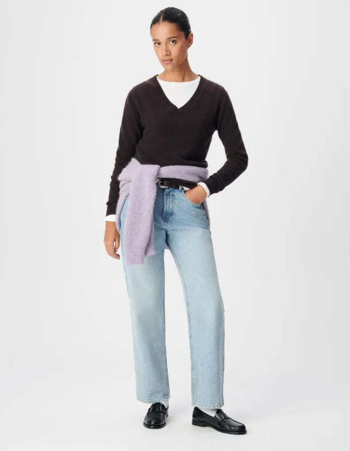 Pull col V prune tricot mohair mélangé Femme