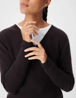 Pull col V prune tricot mohair mélangé Femme
