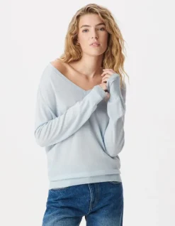 Pull encolure V bleu ciel 100% laine Femme