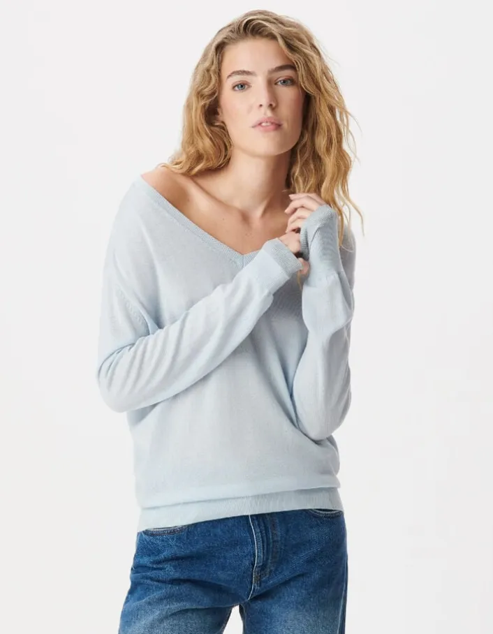 Pull encolure V bleu ciel 100% laine Femme