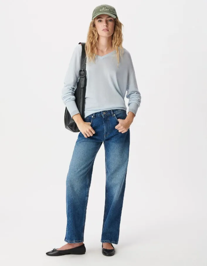 Pull encolure V bleu ciel 100% laine Femme
