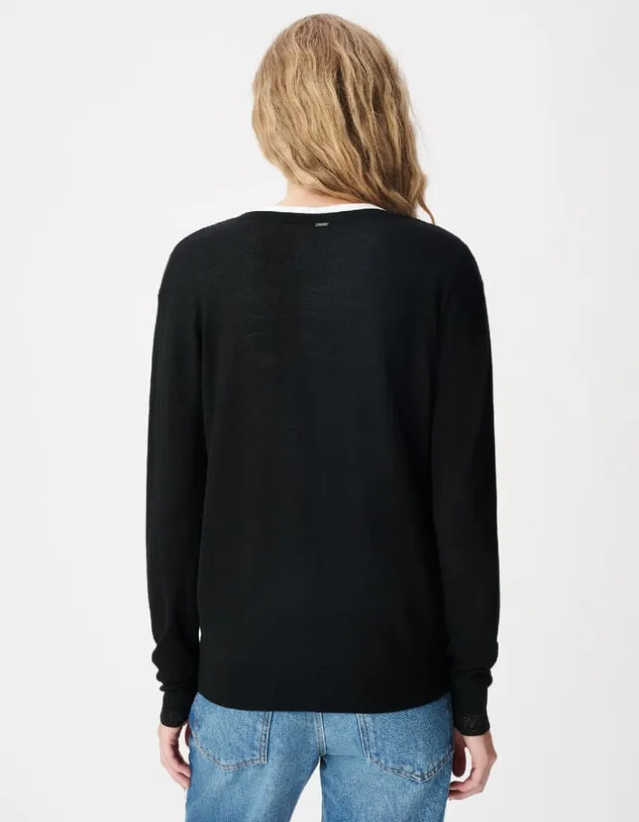 Pull encolure V noir 100% laine Femme