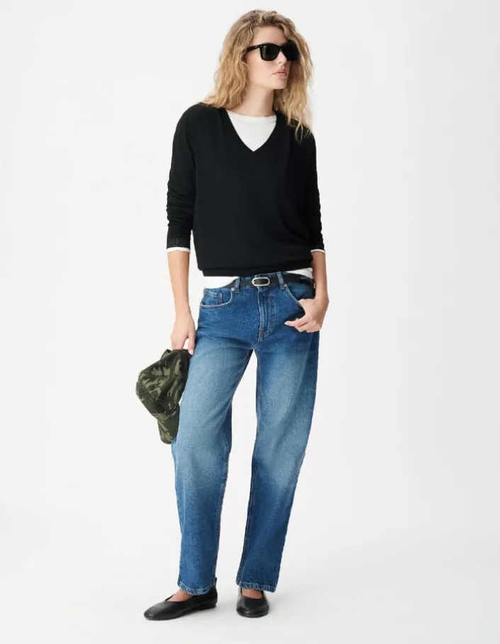 Pull encolure V noir 100% laine Femme